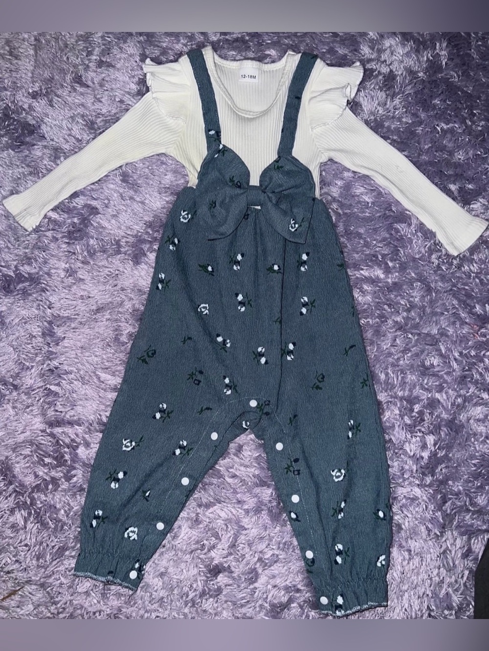 Toddler Floral Bow Corduroy Overalls in Charcoal Gray with Cream Top 12-18M